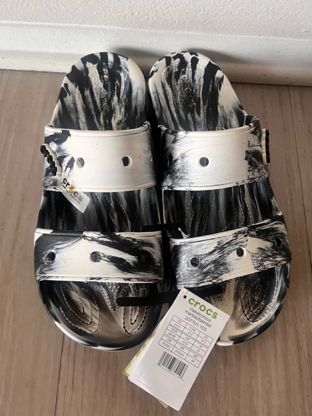CROCS Kids Black and White Marble Double-Strap Slide Sandals